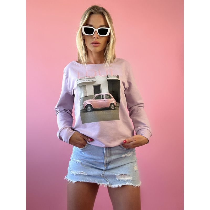 Lawendowa Bluza Damska z Nadrukiem Różowego Auta – „Loui. My Little Pink Car” -M/L