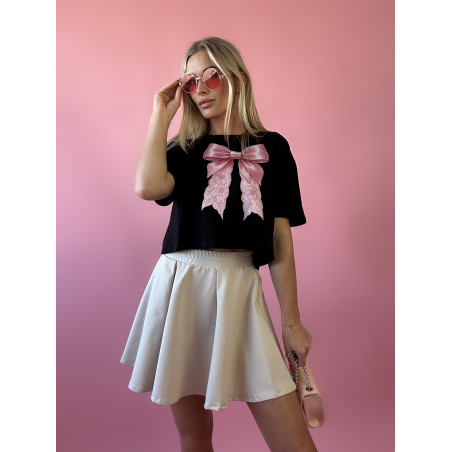 Czarny T-shirt Damski z Nadrukiem Różowej Kokardy