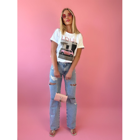 Biały T-shirt Damski z Nadrukiem Różowego Samochodu – „Loui. My Little Pink Car”
