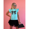 Turkusowy T-shirt Damski z Czarną Kokardą i Falbanką – Loui,XS