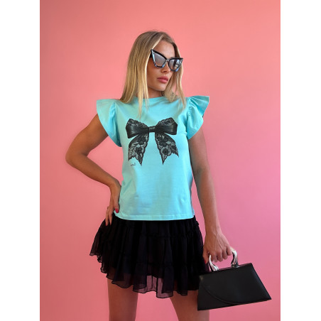 Turkusowy T-shirt Damski z Czarną Kokardą i Falbanką – Loui. L