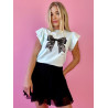 Miętowy T-shirt Damski z Czarną Kokardą i Falbankowymi rękawkami M
