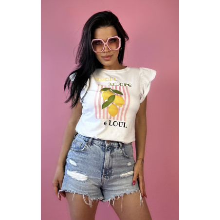 Biały T-shirt Damski z Cytrynami, Falbankowymi Rękawkami i Napisem „Limoni, amore e Loui.” - M