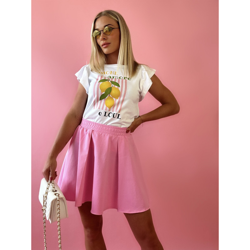 Biały T-shirt Damski z Cytrynami, Falbankowymi Rękawkami i Napisem „Limoni, amore e Loui.”- L