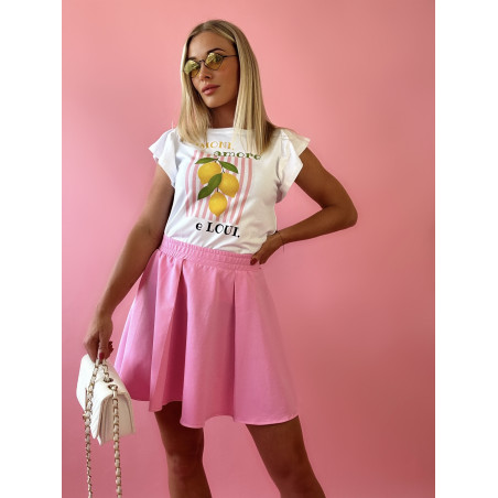 Biały T-shirt Damski z Cytrynami, Falbankowymi Rękawkami i Napisem „Limoni, amore e Loui.”- L