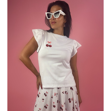 Biały t-shirt damski „Cherry Chic” z nadrukiem wiśni LOUI – S